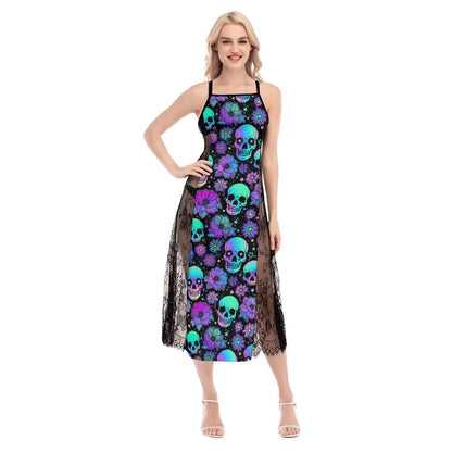 Colorful Gothic Skull Pattern Lace Cami Cross Back Women Dress - Wonder Skull