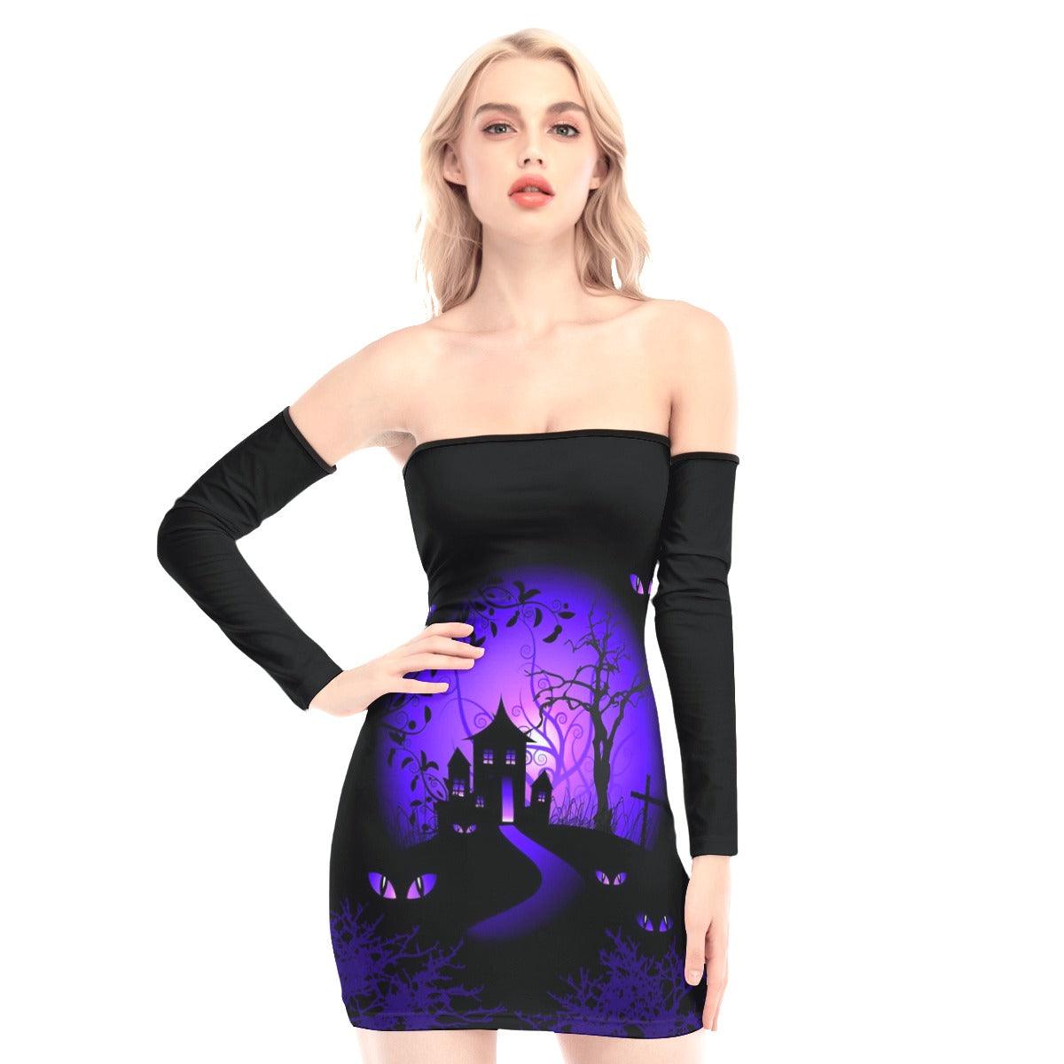 Purple Night Haunted House Off-shoulder Back Lace-up Dress - Wonder Skull