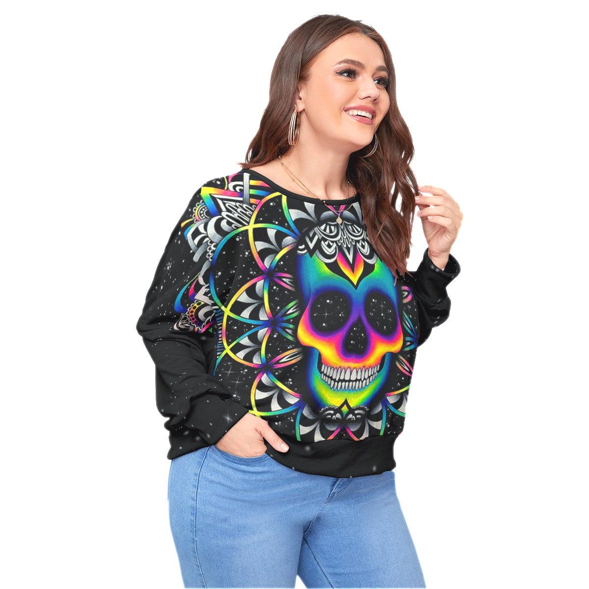 Colorful Mandala Skull Backless Sweatshirt With Bat Sleeve - Wonder Skull