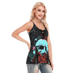 Skull Blue Rose Gothic Eyelet Lace-up Letter Dress - Wonder Skull