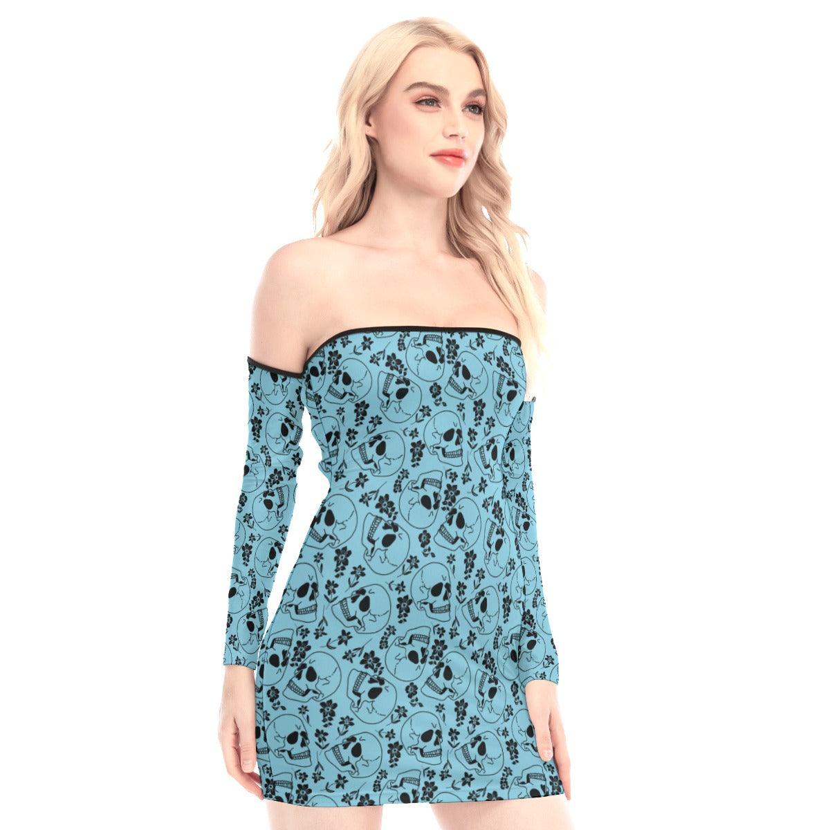 Pastel Blue Skull Off-shoulder Back Lace-up Dress - Wonder Skull