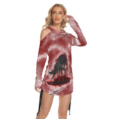 Bloody Thirsty Wolf All Over Print Women One Shoulder Dress With Waist Shirring, Long Hoodie For Women - Wonder Skull