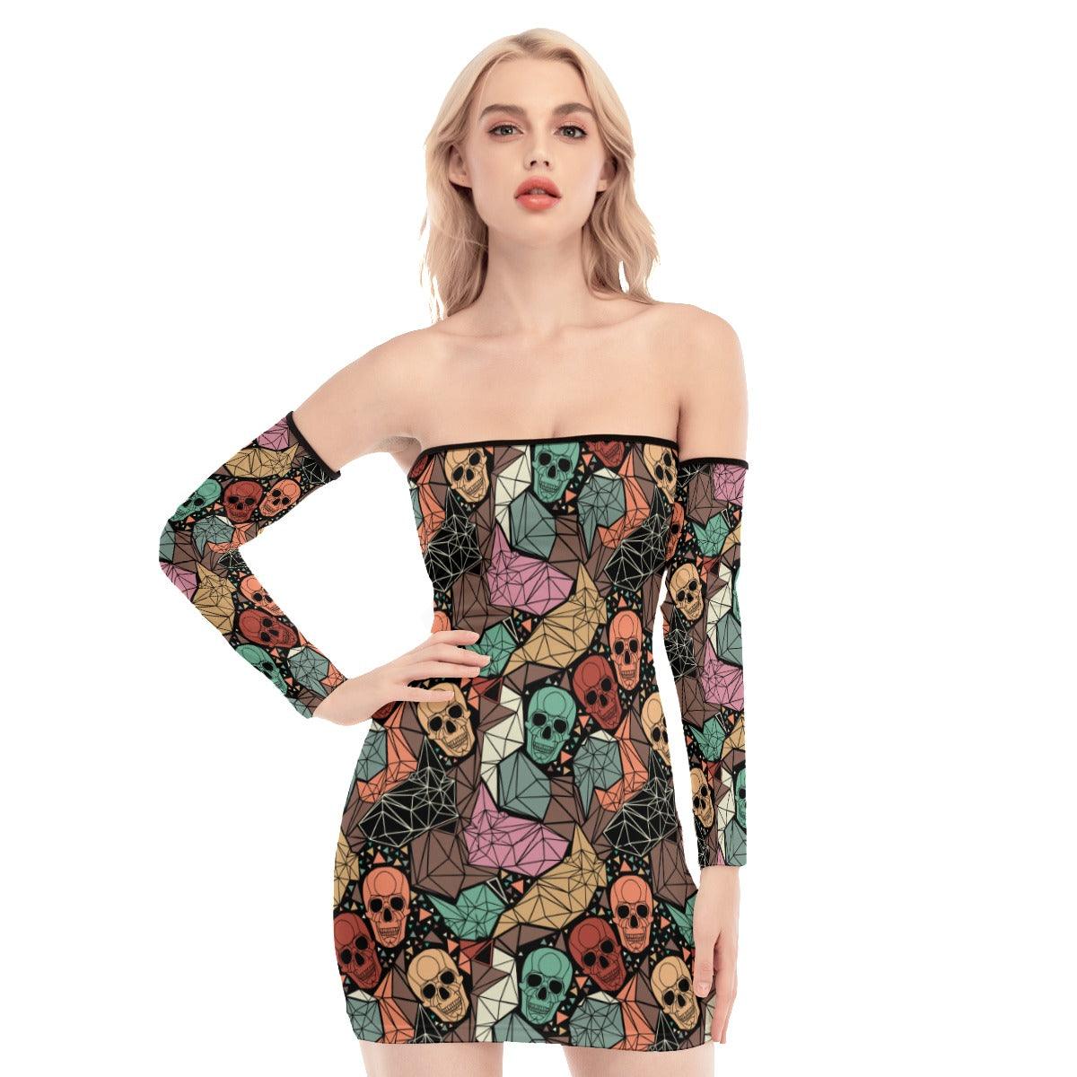 Skull Pattern Off-shoulder Back Lace-up Dress. - Wonder Skull