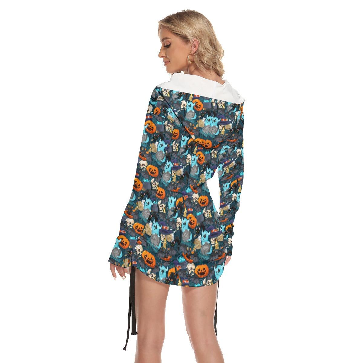 Witchy Skull All Over Print Women One Shoulder Dress With Waist Shirring, Hot Long Hoodie For Women - Wonder Skull