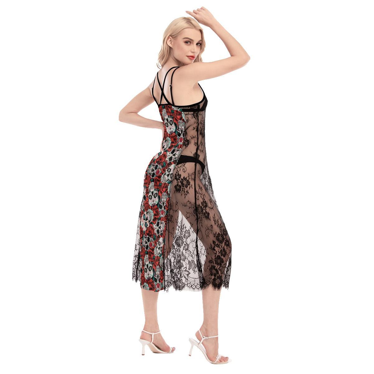 Rose Crack Skull Pattern Lace Cami Cross Back Women Dress - Wonder Skull