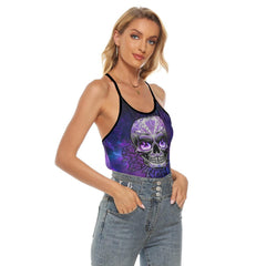 Purple Sugar Skull Rose Criss-Cross Open Back Tank Top, Trending T-Shirt For Women - Wonder Skull