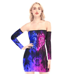 Blue Pink Flaming Skull Off-shoulder Back Lace-up Dress - Wonder Skull