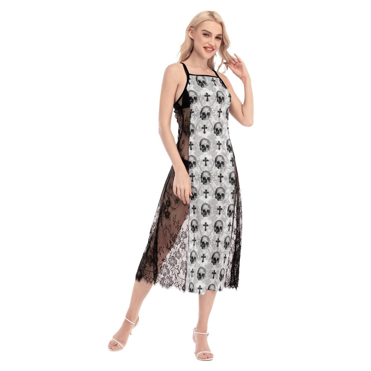 Hot Jesus Skull Pattern Lace Cami Cross Back Women Dress - Wonder Skull