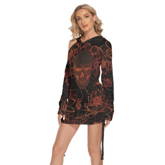 Lotus Orange Skull Print Open Shoulder Dress - Wonder Skull