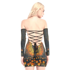 Halloween Ghost Off-shoulder Back Lace-up Dress - Wonder Skull