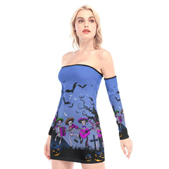 Halloween Skeleton Off-shoulder Back Lace-up Dress - Wonder Skull