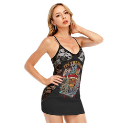 It's The Most Time All-Over Print Women Black Lace Cami Dress, Sexy Sleevless Sleepwear For Women - Wonder Skull