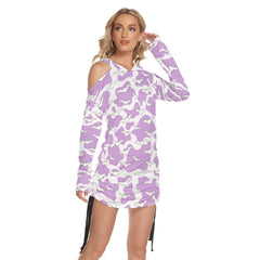 Purple Pastel Bat All Over Print Women One Shoulder Dress With Waist Shirring, Long Hoodie For Women - Wonder Skull