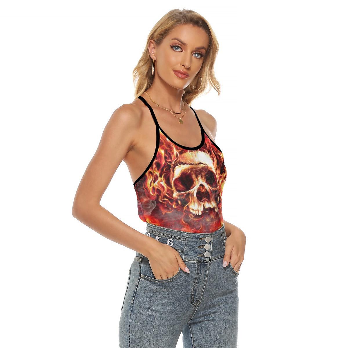 Fire Hell Skull Artwork Criss-Cross Open Back Tank Top, Trending T-Shirt For Women - Wonder Skull