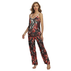 Red Skull Rose Gothic Cami Pajamas Sets For Women Sleepwears Combo - Wonder Skull