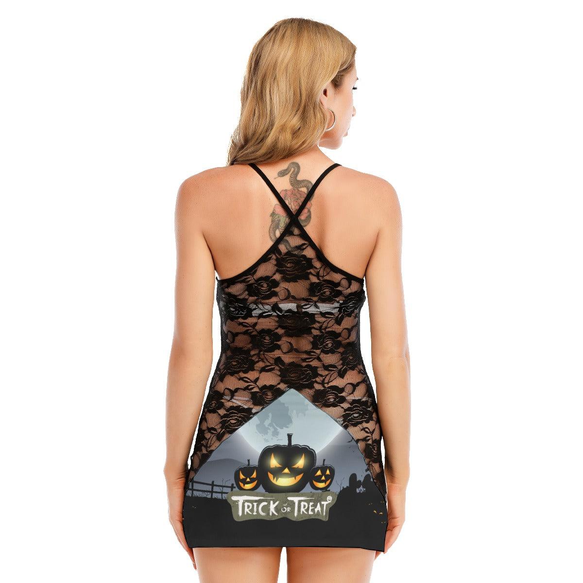 Trick Or Treat Pumpkin Bat All-Over Print Women Black Lace Cami Dress, Slay Nightwear For Women - Wonder Skull