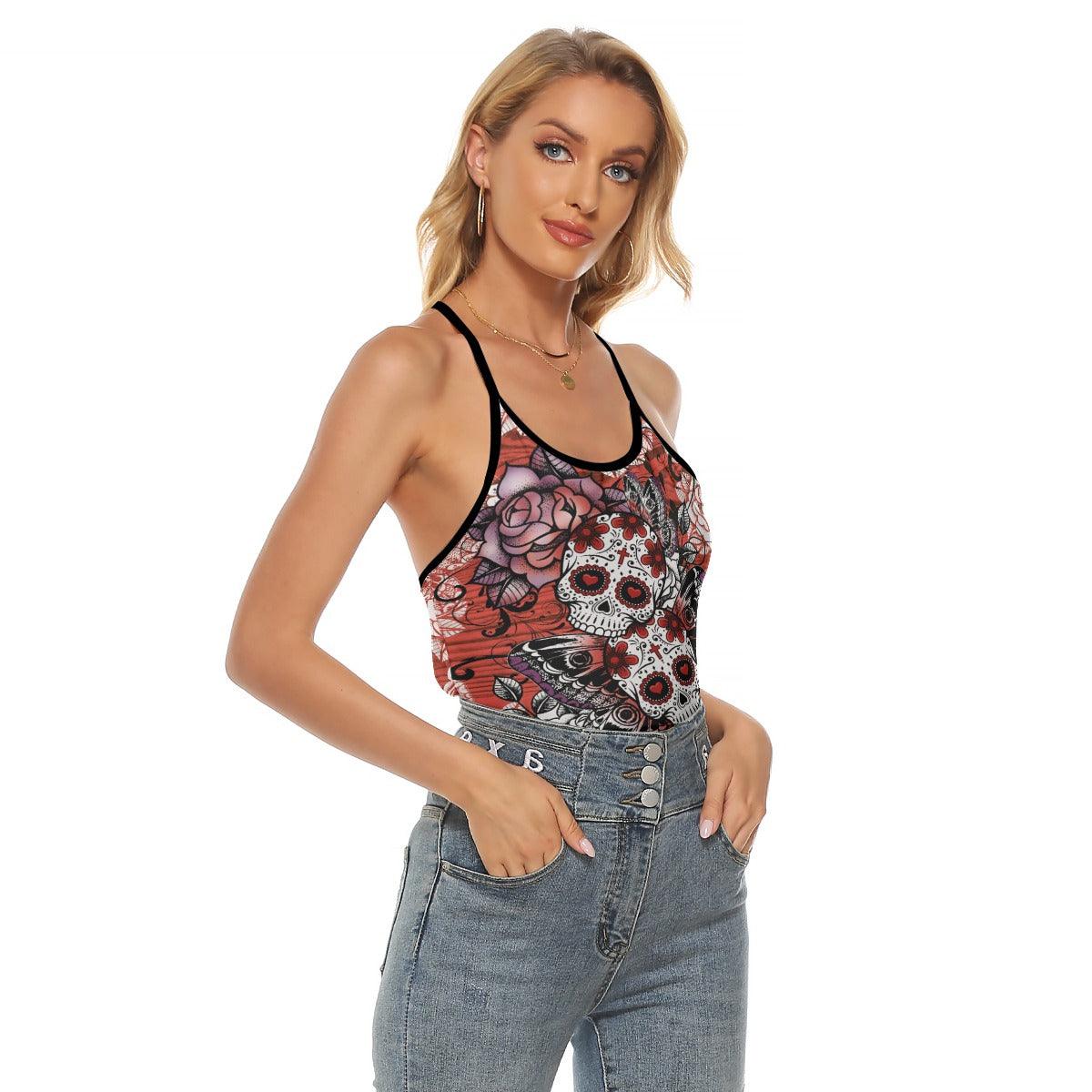Orange Red Sugar Skull Butterfly Criss-Cross Open Back Tank Top, Coolest T-Shirt For Women - Wonder Skull