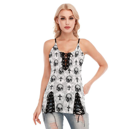 Skull Pattern Gothic Eyelet Lace-up Letter Dress - Wonder Skull