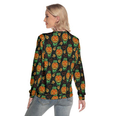 Glowing Scary Pumpkin Slim Round Neck Sweatshirt - Wonder Skull