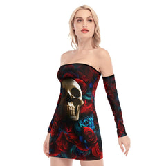 Skull Rose Red Blue Gothic Off-shoulder Back Lace-up Dress - Wonder Skull