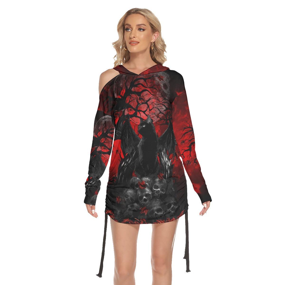 Cat Gothic All Over Print Women One Shoulder Dress With Waist Shirring, Long Hoodie For Women - Wonder Skull