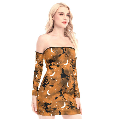 Halloween Witch Pattern Off-shoulder Back Lace-up Dress - Wonder Skull