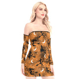 Halloween Witch Pattern Off-shoulder Back Lace-up Dress - Wonder Skull