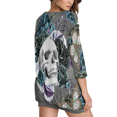 Skull Flower Sweatshirt With Irregular Pleated Hem - Wonder Skull