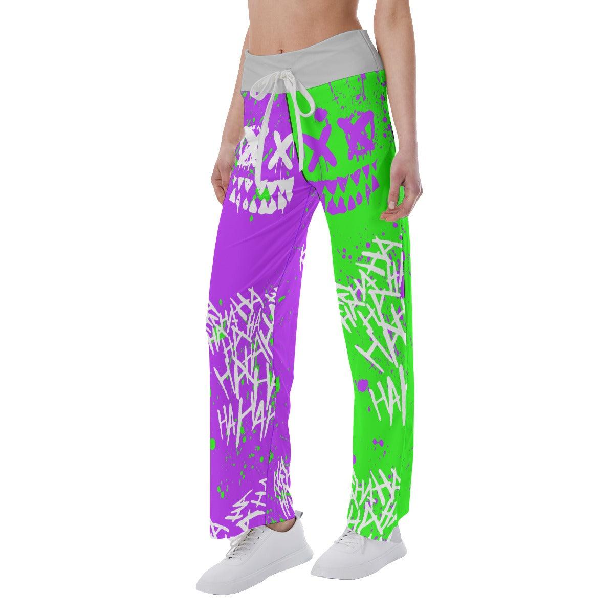 Half Green Pink Hahaha Face Smile High-waisted Straight-leg Trousers - Wonder Skull