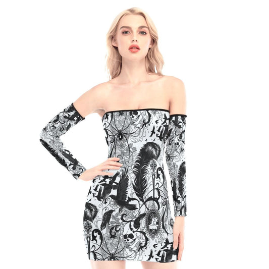 Baroque Raven Skull Off-shoulder Back Lace-up Dress - Wonder Skull