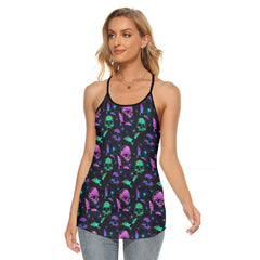 Gradient Skull Bat Criss-Cross Open Back Tank Top, Coolest T-Shirt For Women - Wonder Skull