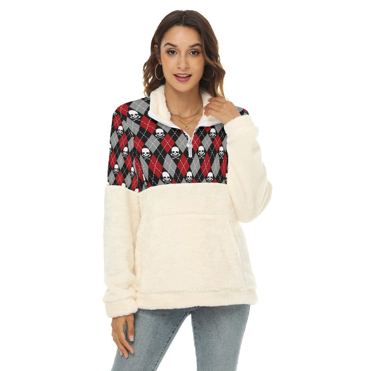 Argyle Skull Borg Fleece Sweatshirt With Half Zip - Wonder Skull