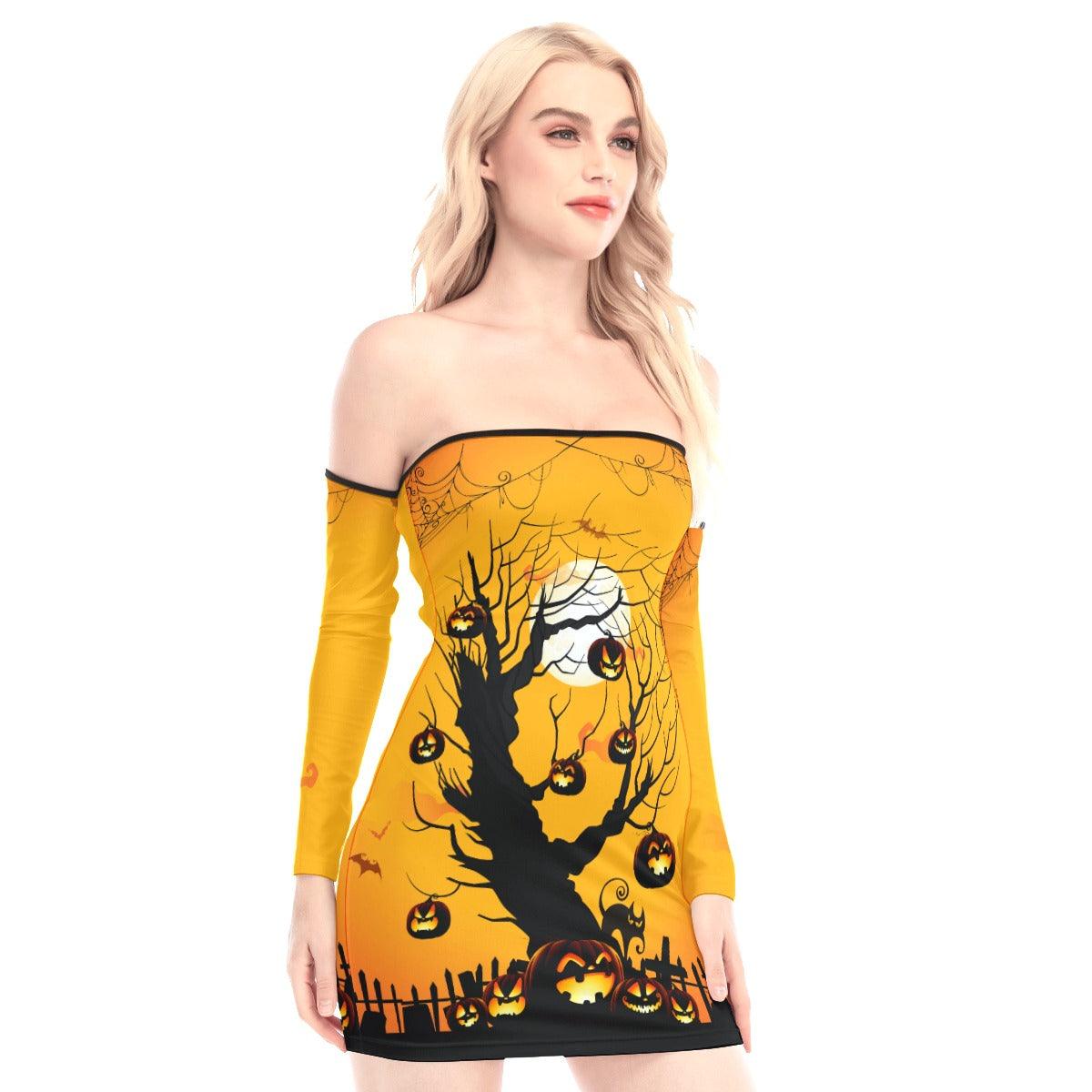 Halloween Tree Off-shoulder Back Lace-up Dress - Wonder Skull