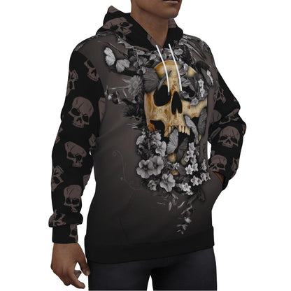Black Butterfly Skull Print Unisex Pullover Hoodie-Wonder Skull