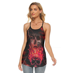 Gothic Girl Skull Flame Thunder Criss-Cross Open Back Tank Top, Coolest T-Shirt For Women - Wonder Skull