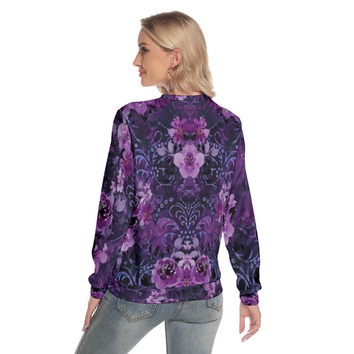 Purple Skull And Flowers Slim Round Neck Sweatshirt - Wonder Skull