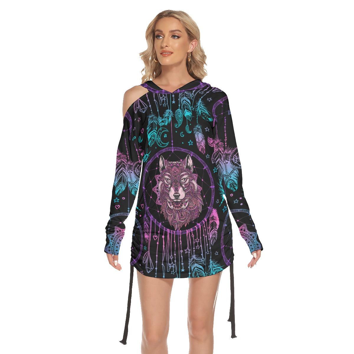 Dark Purple Wolf Chime All Over Print Women One Shoulder Dress With Waist Shirring, Long Hoodie For Women - Wonder Skull