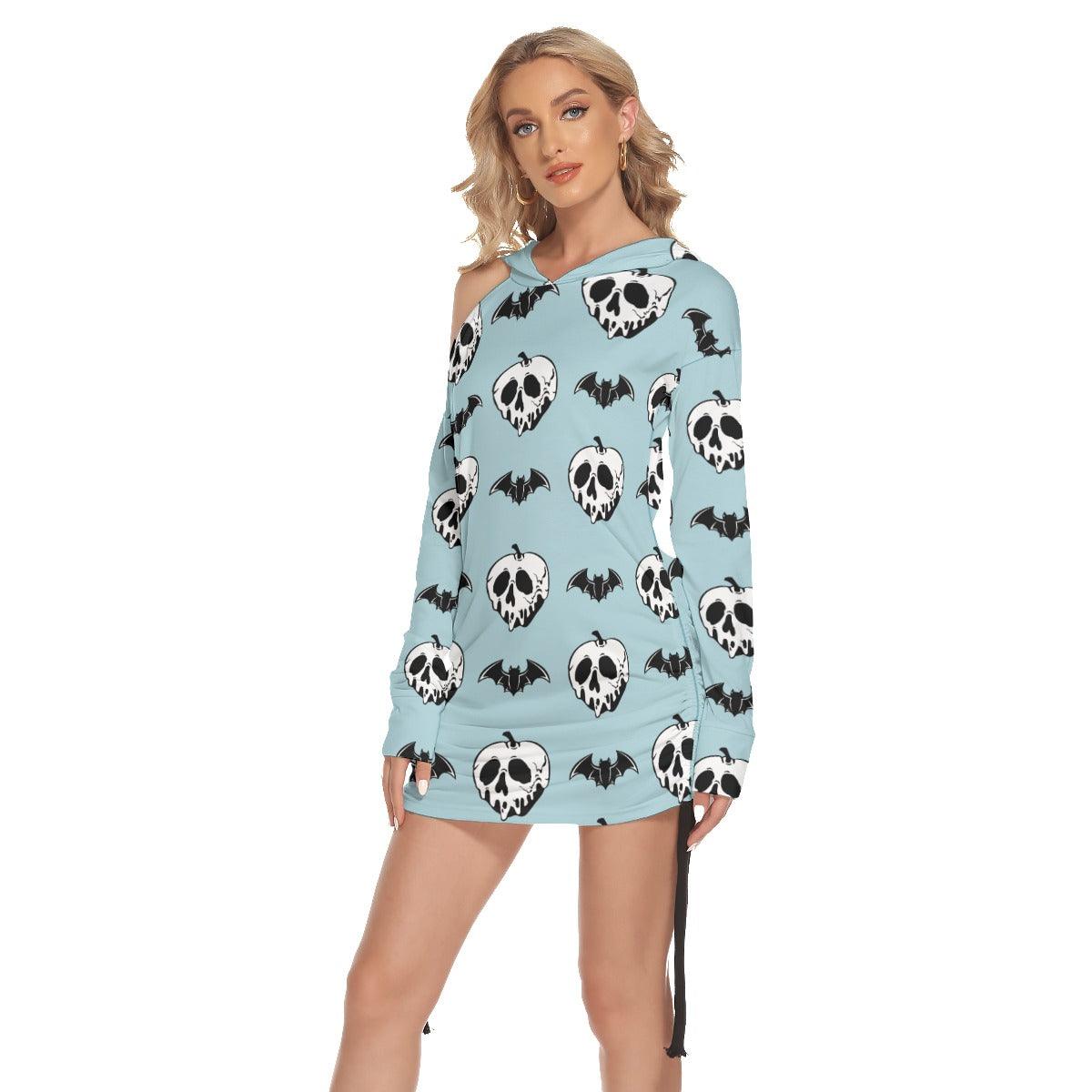 Blue Bat Skull All Over Print Women One Shoulder Dress With Waist Shirring, Long Hoodie For Women - Wonder Skull
