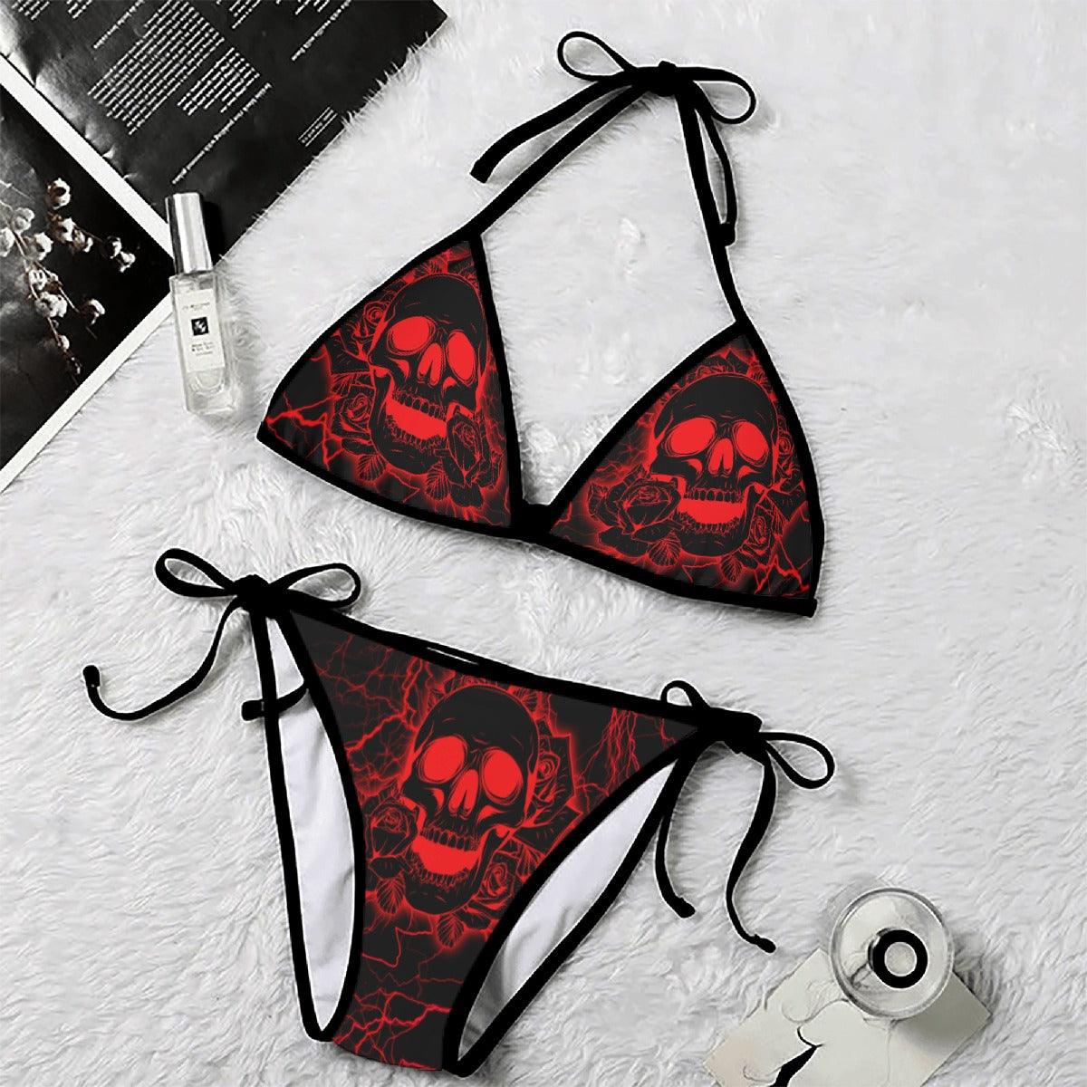 Vivid Red Skull Thunder Micro Triangle Bikini Swimsuit - Wonder Skull
