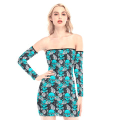 Cyan Skull Peony Off-shoulder Back Lace-up Dress - Wonder Skull