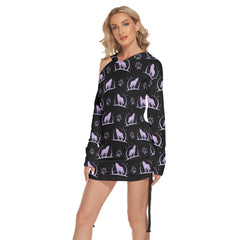 Wolf Pawn Pattern All Over Print Women One Shoulder Dress With Waist Shirring, Long Hoodie For Women - Wonder Skull