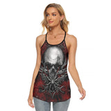 Gothic Spider Skull Criss-Cross Open Back Tank Top, Hot T-Shirt For Women - Wonder Skull