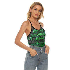 Ornament Skull Gothic Criss-Cross Open Back Tank Top, Coolest T-Shirt For Women - Wonder Skull