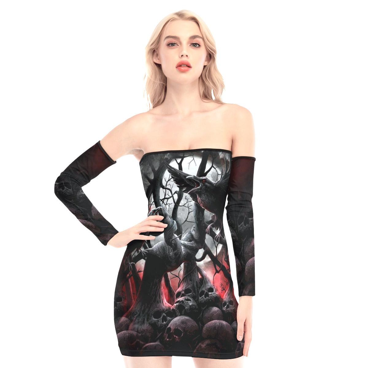Death Forest Raven Off-shoulder Back Lace-up Dress - Wonder Skull