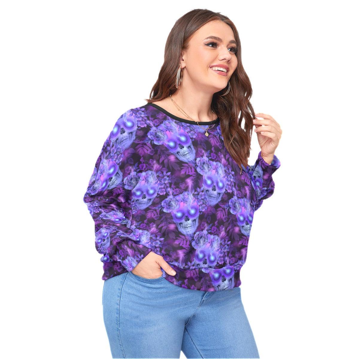 Purple Skulls Flowers Backless Sweatshirt With Bat Sleeve - Wonder Skull