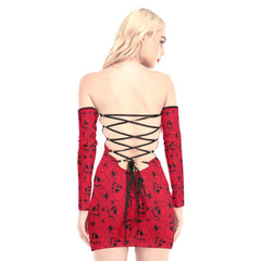 Red Spider Skull Off-shoulder Back Lace-up Dress - Wonder Skull