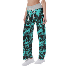 Skull Cyan Pattern Pajama Pants Print Palazzo Lounge - Wonder Skull