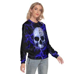 Blue Lightning Skull Slim Round Neck Sweatshirt - Wonder Skull