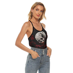 Bloody Moon Skull Criss-Cross Open Back Tank Top, Coolest T-Shirt For Women - Wonder Skull