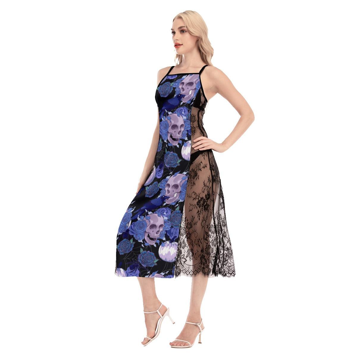 Hot Flower Skull Pattern Lace Cami Cross Back Women Dress - Wonder Skull